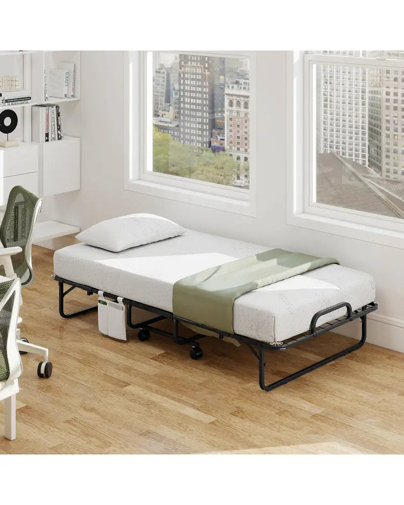 Twin Size Folding Bed with 5 Inch Mattress - White - Folding Beds