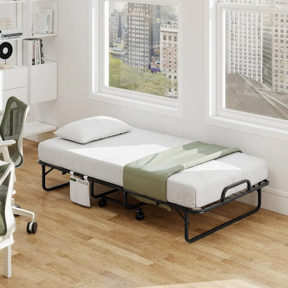 Twin Size Folding Bed with 5 Inch Mattress - White - Folding Beds