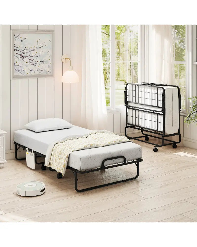 Twin Size Folding Bed with 5 Inch Mattress - White - Folding Beds