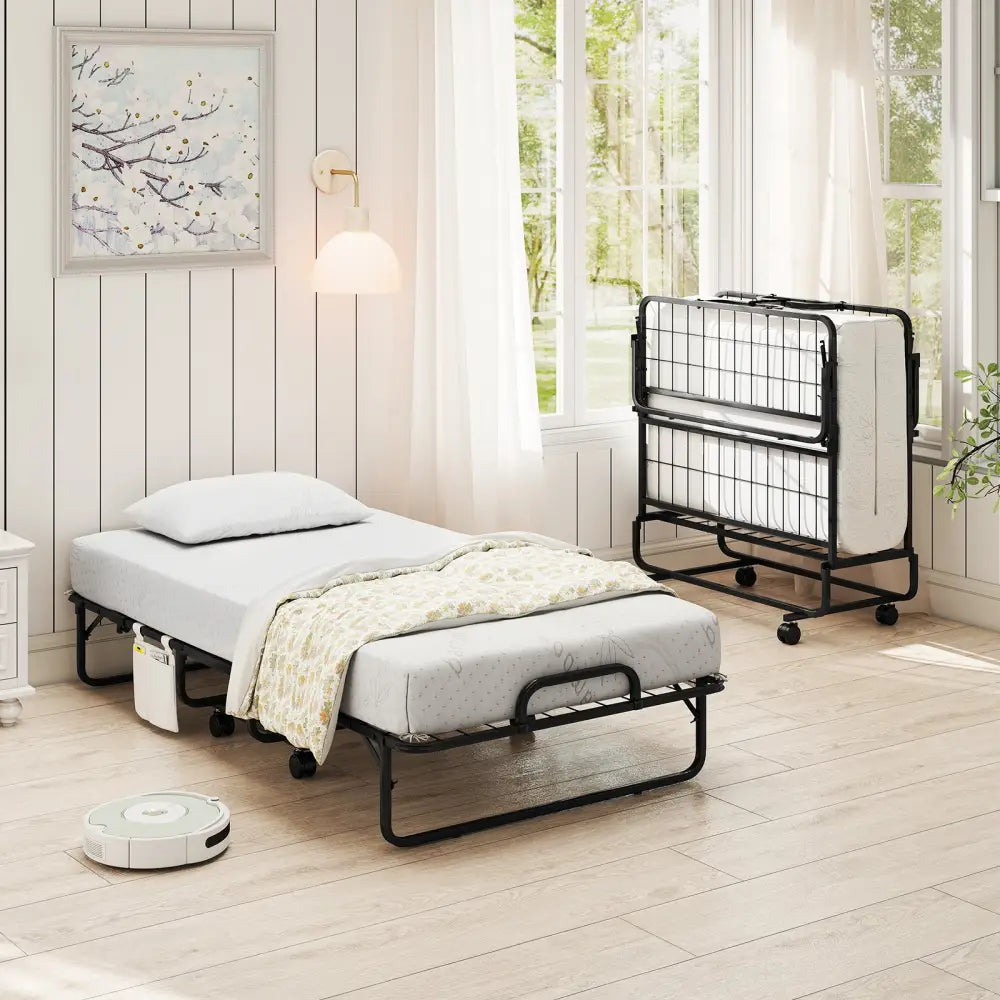 Twin Size Folding Bed with 5 Inch Mattress - White - Folding Beds