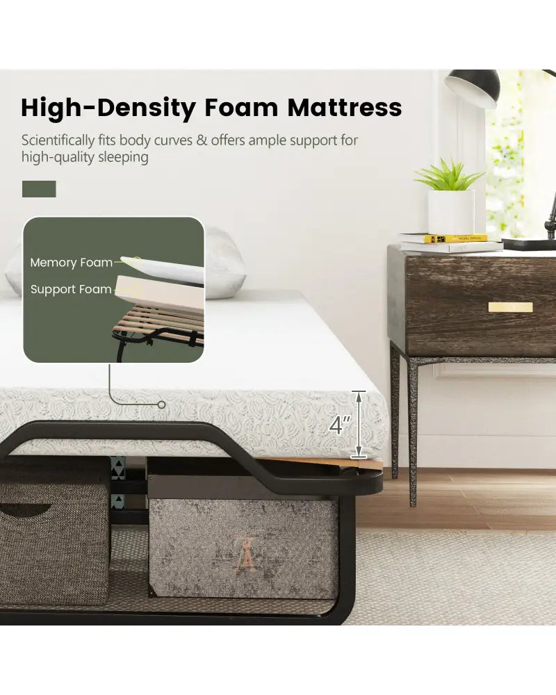 Twin Size Folding Bed with Foam Mattress and Lockable Wheels - Black & White - Folding Beds