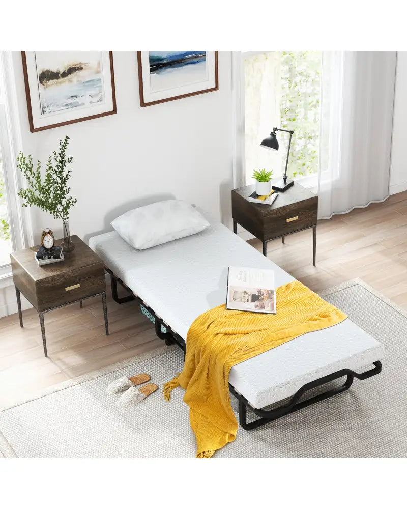 Twin Size Folding Bed with Foam Mattress and Lockable Wheels - Black & White - Folding Beds
