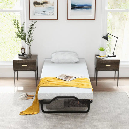Twin Size Folding Bed with Foam Mattress and Lockable Wheels - Black & White - Folding Beds