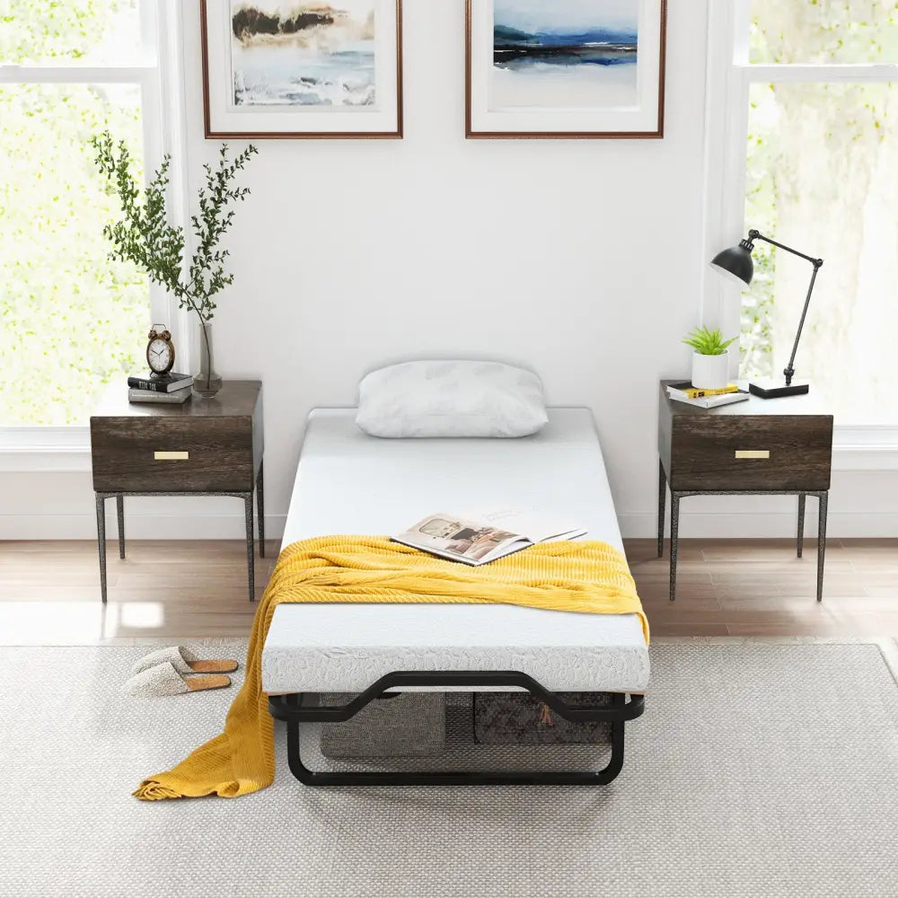 Twin Size Folding Bed with Foam Mattress and Lockable Wheels - Black & White - Folding Beds