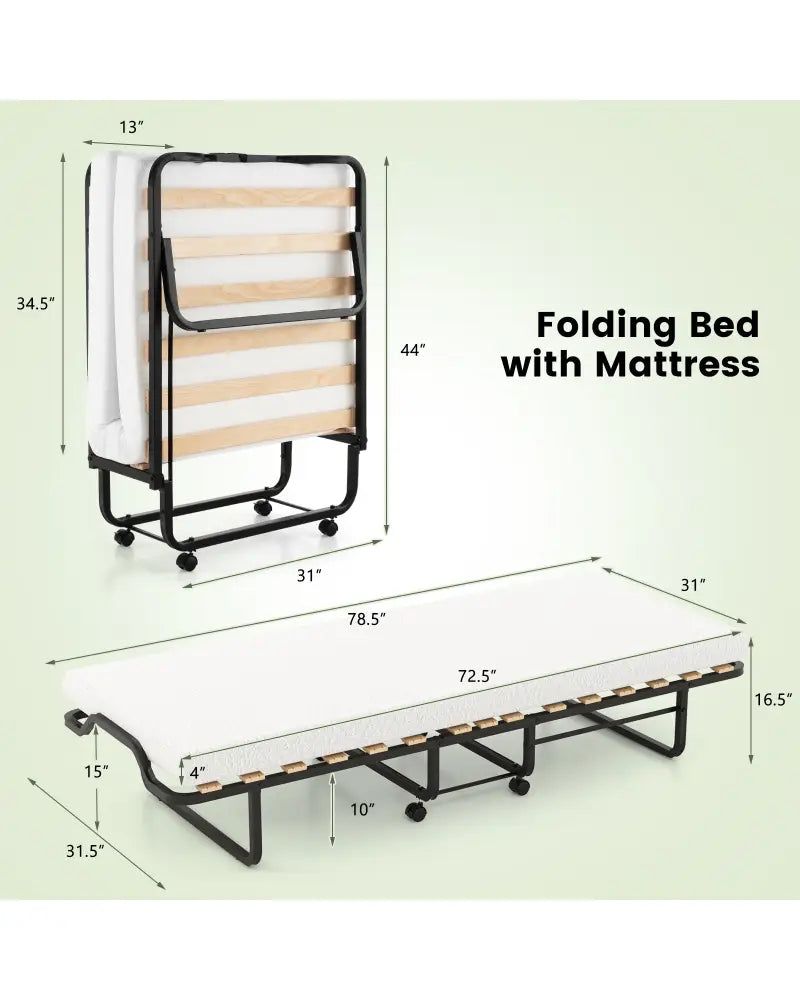 Twin Size Folding Bed with Foam Mattress and Lockable Wheels - Black & White - Folding Beds
