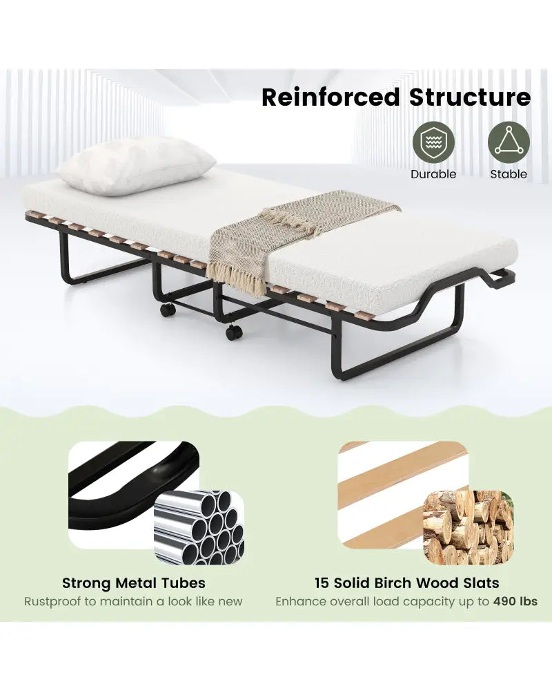 Twin Size Folding Bed with Foam Mattress and Lockable Wheels - Black & White - Folding Beds