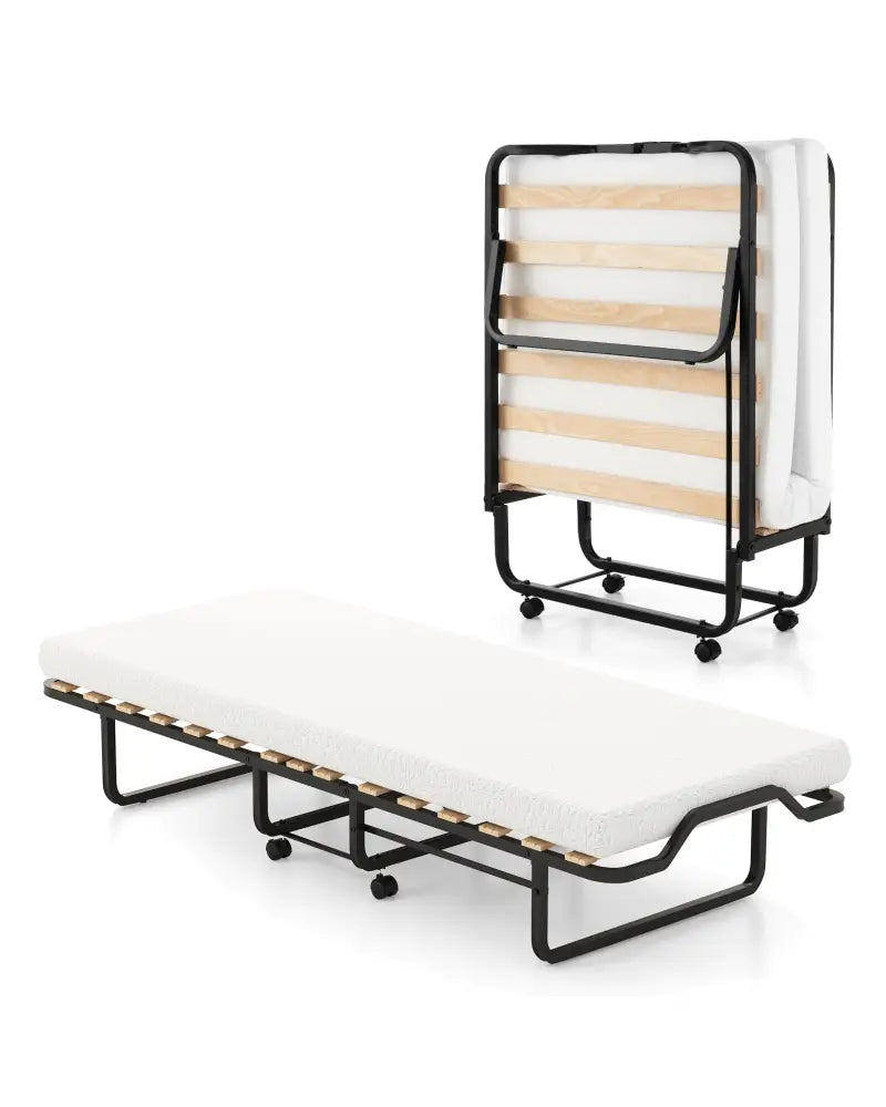 Twin Size Folding Bed with Foam Mattress and Lockable Wheels - Black & White - Folding Beds
