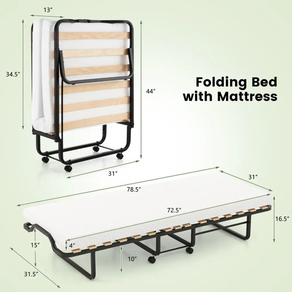 Twin Size Folding Bed with Foam Mattress and Lockable Wheels - Black & White - Folding Beds