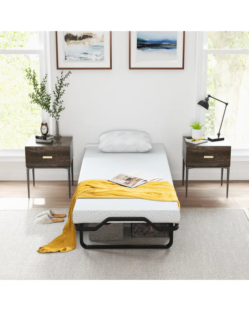 Twin Size Folding Bed with Foam Mattress and Lockable Wheels - Black & White - Folding Beds