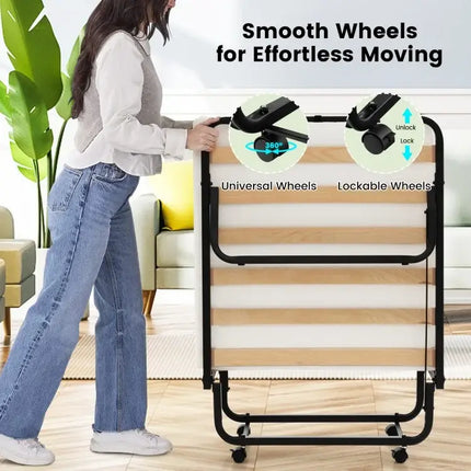 Twin Size Folding Bed with Foam Mattress and Lockable Wheels - Black & White - Folding Beds