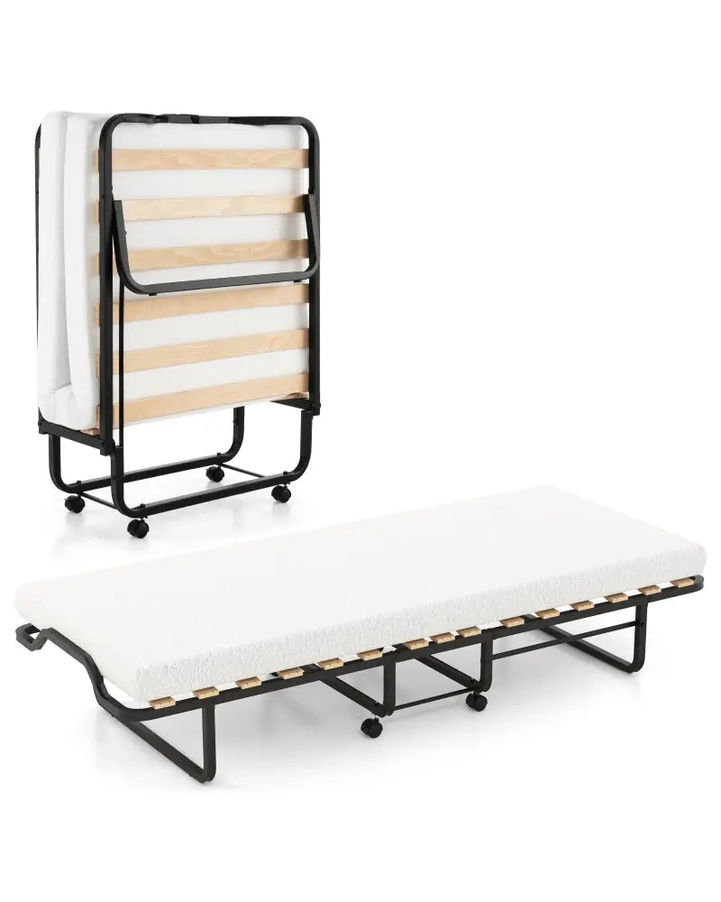 Twin Size Folding Bed with Foam Mattress and Lockable Wheels - Black & White - Folding Beds