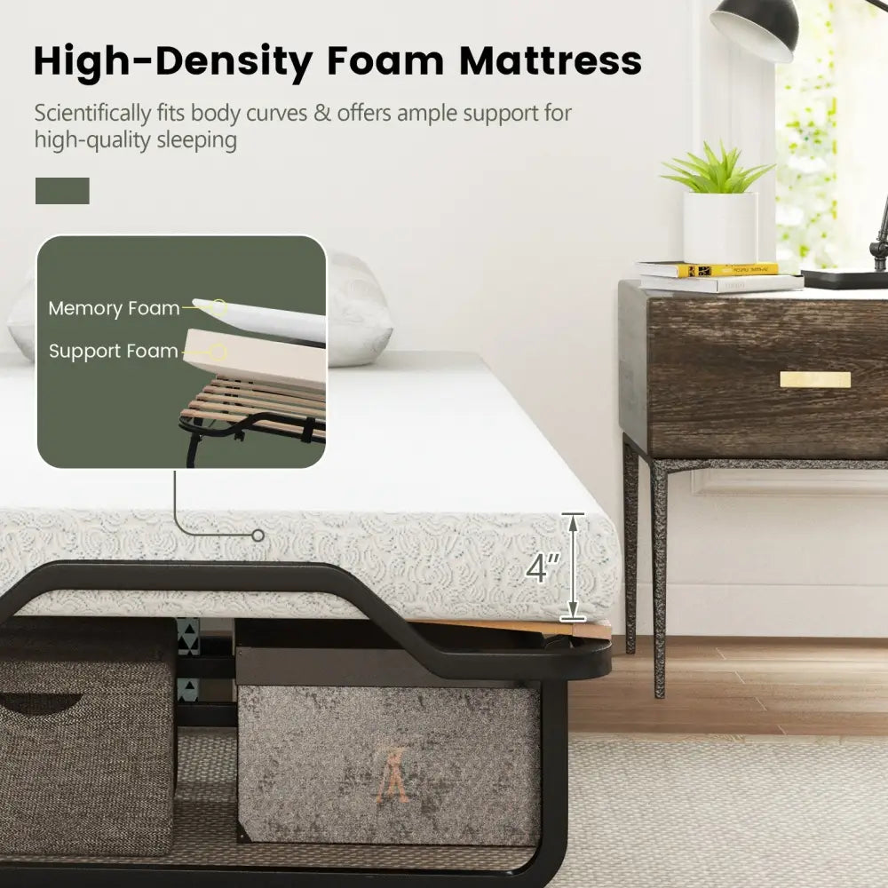 Twin Size Folding Bed with Foam Mattress and Lockable Wheels - Black & White - Folding Beds