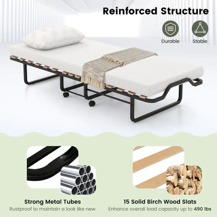 Twin Size Folding Bed with Foam Mattress and Lockable Wheels - Black & White - Folding Beds
