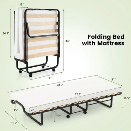 Twin Size Folding Bed with Foam Mattress and Lockable Wheels - Black & White - Folding Beds