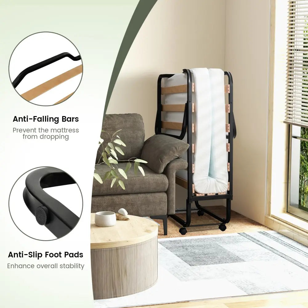 Twin Size Folding Bed with Foam Mattress and Lockable Wheels - Black & White - Folding Beds