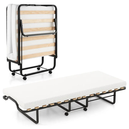 Twin Size Folding Bed with Foam Mattress and Lockable Wheels - Black & White - Folding Beds