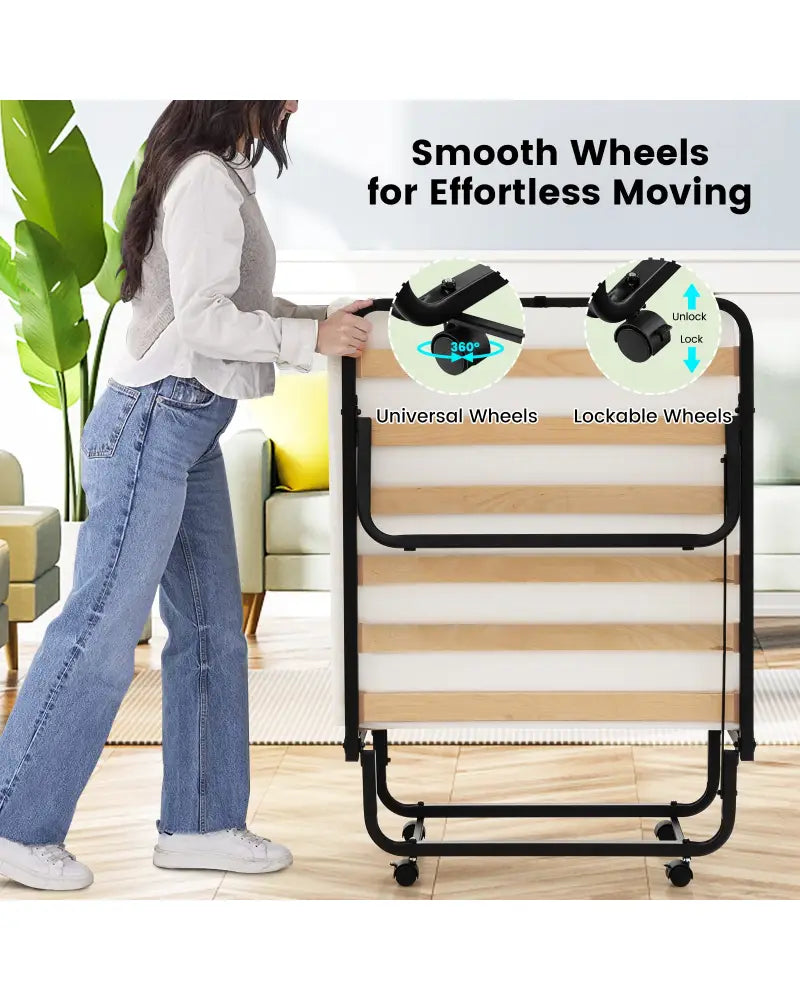 Twin Size Folding Bed with Foam Mattress and Lockable Wheels - Black & White - Folding Beds