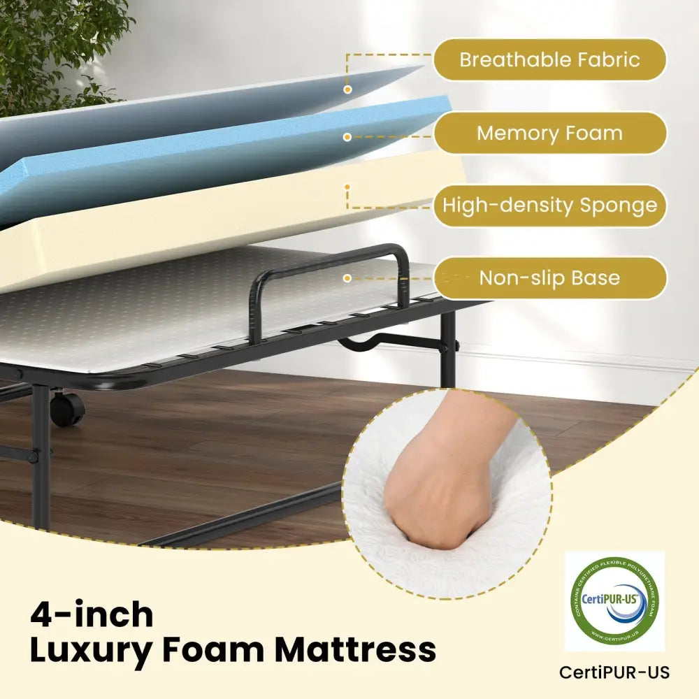 Twin Size Folding Bed with Memory Foam Mattress and Heavy-duty Metal Frame - Folding Beds