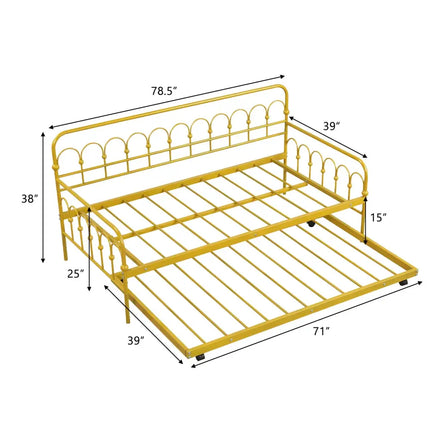 Twin Size Golden Metal Daybed with Trundle and Lockable Wheels-Twin Size - Golden - Trundle Bed Frame