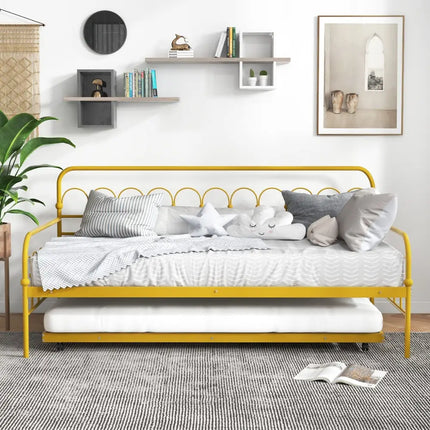 Twin Size Golden Metal Daybed with Trundle and Lockable Wheels-Twin Size - Golden - Trundle Bed Frame