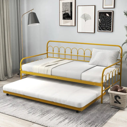 Twin Size Golden Metal Daybed with Trundle and Lockable Wheels-Twin Size - Golden - Trundle Bed Frame
