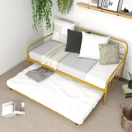 Twin Size Golden Metal Daybed with Trundle and Lockable Wheels-Twin Size - Golden - Trundle Bed Frame