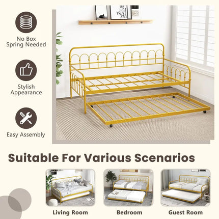 Twin Size Golden Metal Daybed with Trundle and Lockable Wheels-Twin Size - Golden - Trundle Bed Frame