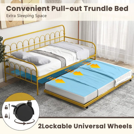 Twin Size Golden Metal Daybed with Trundle and Lockable Wheels-Twin Size - Golden - Trundle Bed Frame