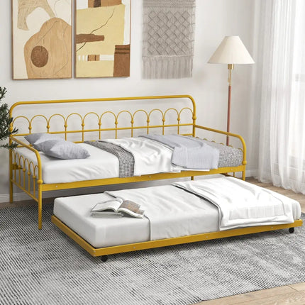 Twin Size Golden Metal Daybed with Trundle and Lockable Wheels-Twin Size - Golden - Trundle Bed Frame