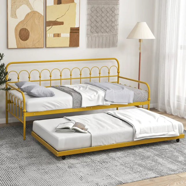Twin Size Golden Metal Daybed with Trundle and Lockable Wheels-Twin Size - Golden - Trundle Bed Frame