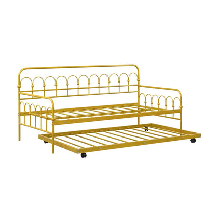 Twin Size Golden Metal Daybed with Trundle and Lockable Wheels-Twin Size - Golden - Trundle Bed Frame