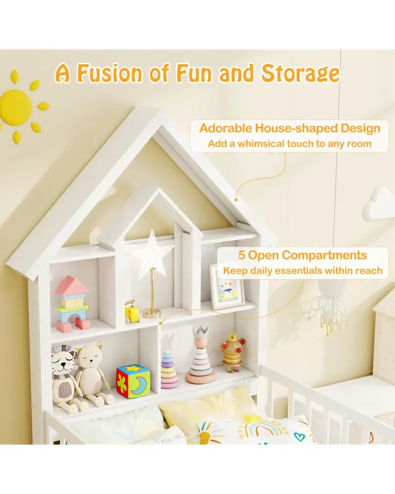 Twin Size House Bed Kids Montessori Bed with House-Shaped Storage Headboard-White - White - Trundle Bed Frame