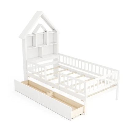 Twin Size House Bed Kids Montessori Bed with House-Shaped Storage Headboard-White - White - Trundle Bed Frame