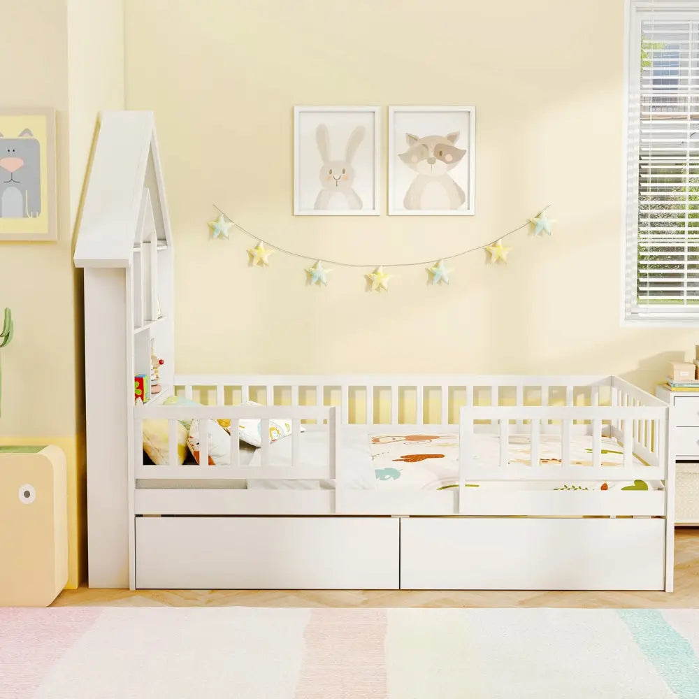 Twin Size House Bed Kids Montessori Bed with House-Shaped Storage Headboard-White - White - Trundle Bed Frame