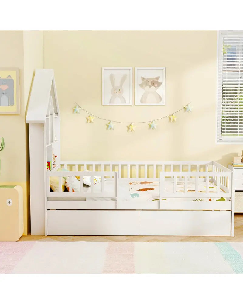 Twin Size House Bed Kids Montessori Bed with House-Shaped Storage Headboard-White - White - Trundle Bed Frame