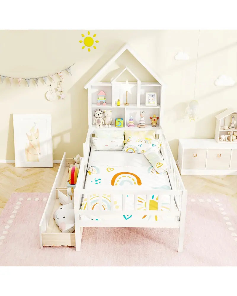 Twin Size House Bed Kids Montessori Bed with House-Shaped Storage Headboard-White - White - Trundle Bed Frame