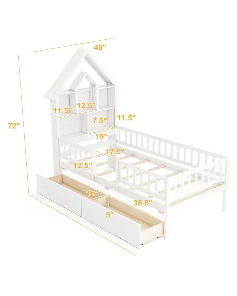 Twin Size House Bed Kids Montessori Bed with House-Shaped Storage Headboard-White - White - Trundle Bed Frame