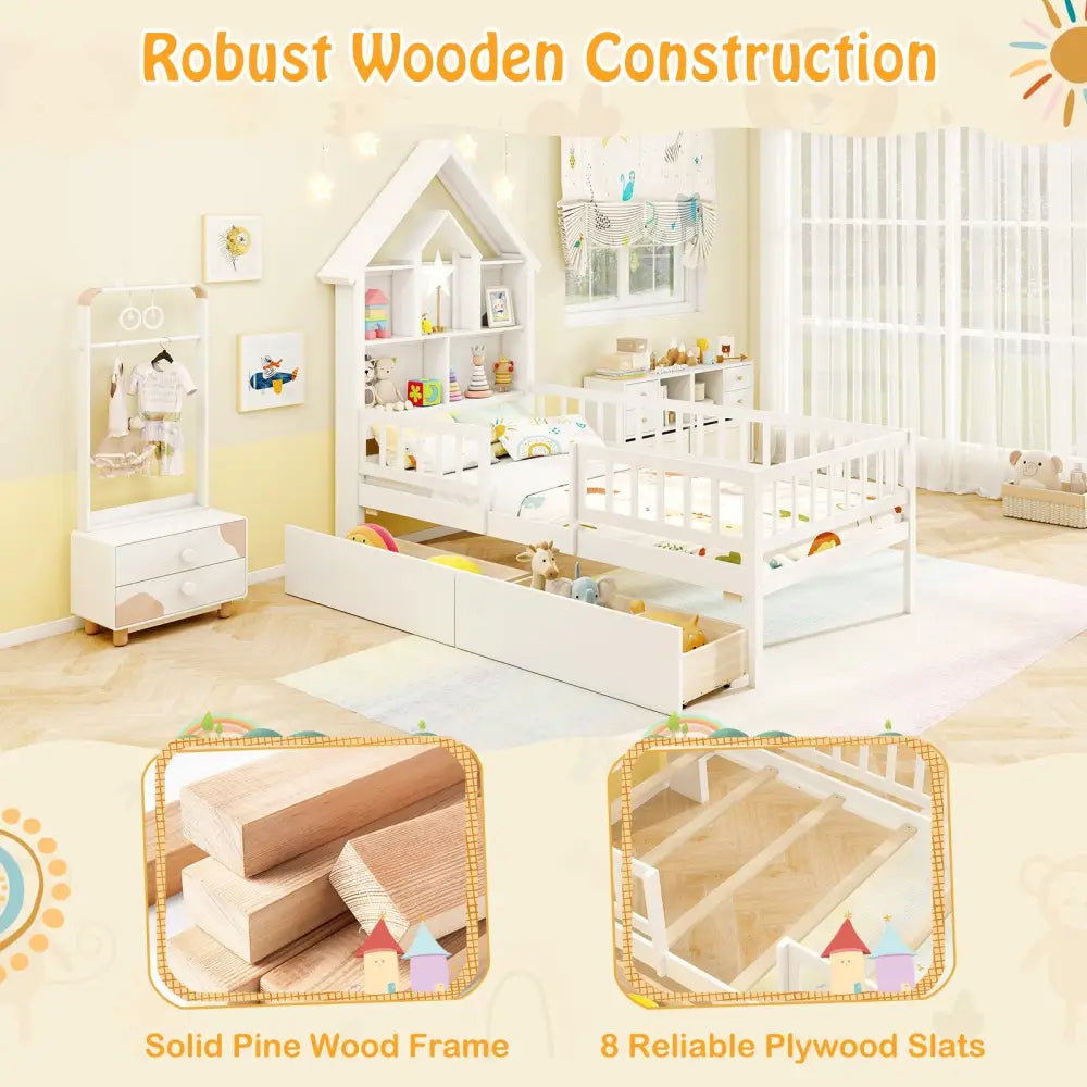 Twin Size House Bed Kids Montessori Bed with House-Shaped Storage Headboard-White - White - Trundle Bed Frame