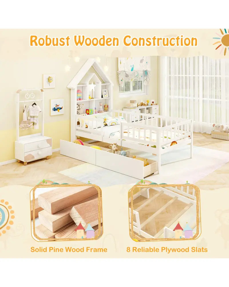 Twin Size House Bed Kids Montessori Bed with House-Shaped Storage Headboard-White - White - Trundle Bed Frame