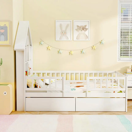 Twin Size House Bed Kids Montessori Bed with House-Shaped Storage Headboard-White - White - Trundle Bed Frame
