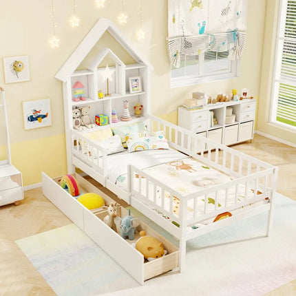 Twin Size House Bed Kids Montessori Bed with House-Shaped Storage Headboard-White - White - Trundle Bed Frame