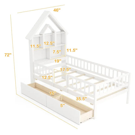 Twin Size House Bed Kids Montessori Bed with House-Shaped Storage Headboard-White - White - Trundle Bed Frame