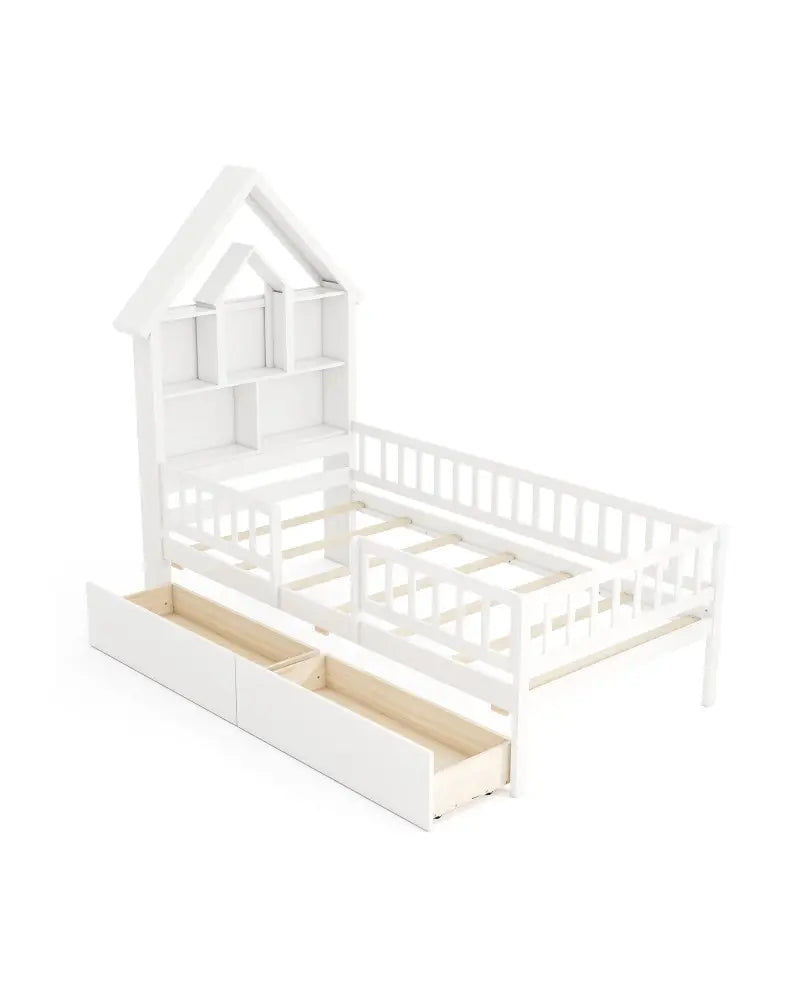 Twin Size House Bed Kids Montessori Bed with House-Shaped Storage Headboard-White - White - Trundle Bed Frame