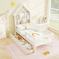 Twin Size House Bed Kids Montessori Bed with House-Shaped Storage Headboard-White - White - Trundle Bed Frame