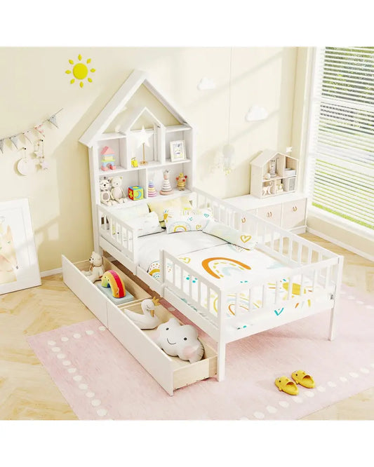 Twin Size House Bed Kids Montessori Bed with House-Shaped Storage Headboard-White - White - Trundle Bed Frame