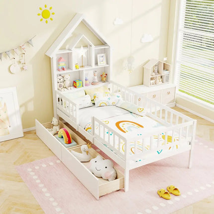 Twin Size House Bed Kids Montessori Bed with House-Shaped Storage Headboard-White - White - Trundle Bed Frame