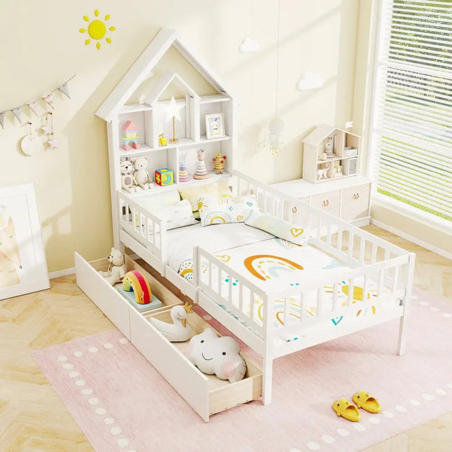 Twin Size House Bed Kids Montessori Bed with House-Shaped Storage Headboard-White - White - Trundle Bed Frame