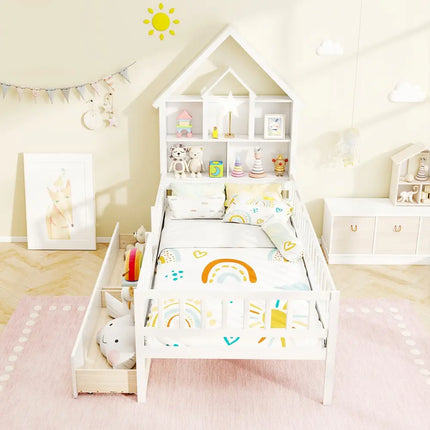 Twin Size House Bed Kids Montessori Bed with House-Shaped Storage Headboard-White - White - Trundle Bed Frame