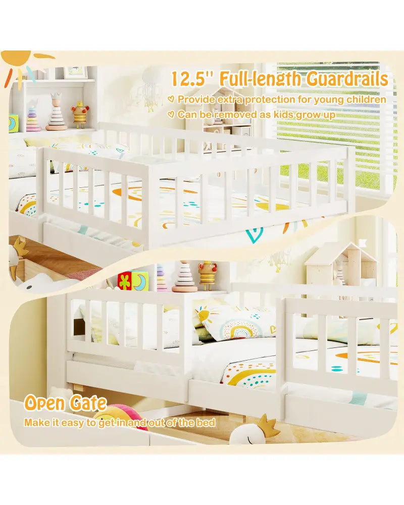 Twin Size House Bed Kids Montessori Bed with House-Shaped Storage Headboard-White - White - Trundle Bed Frame