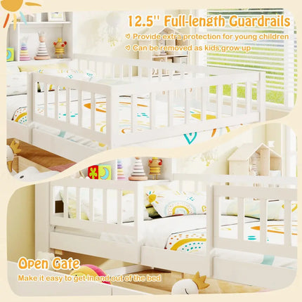 Twin Size House Bed Kids Montessori Bed with House-Shaped Storage Headboard-White - White - Trundle Bed Frame